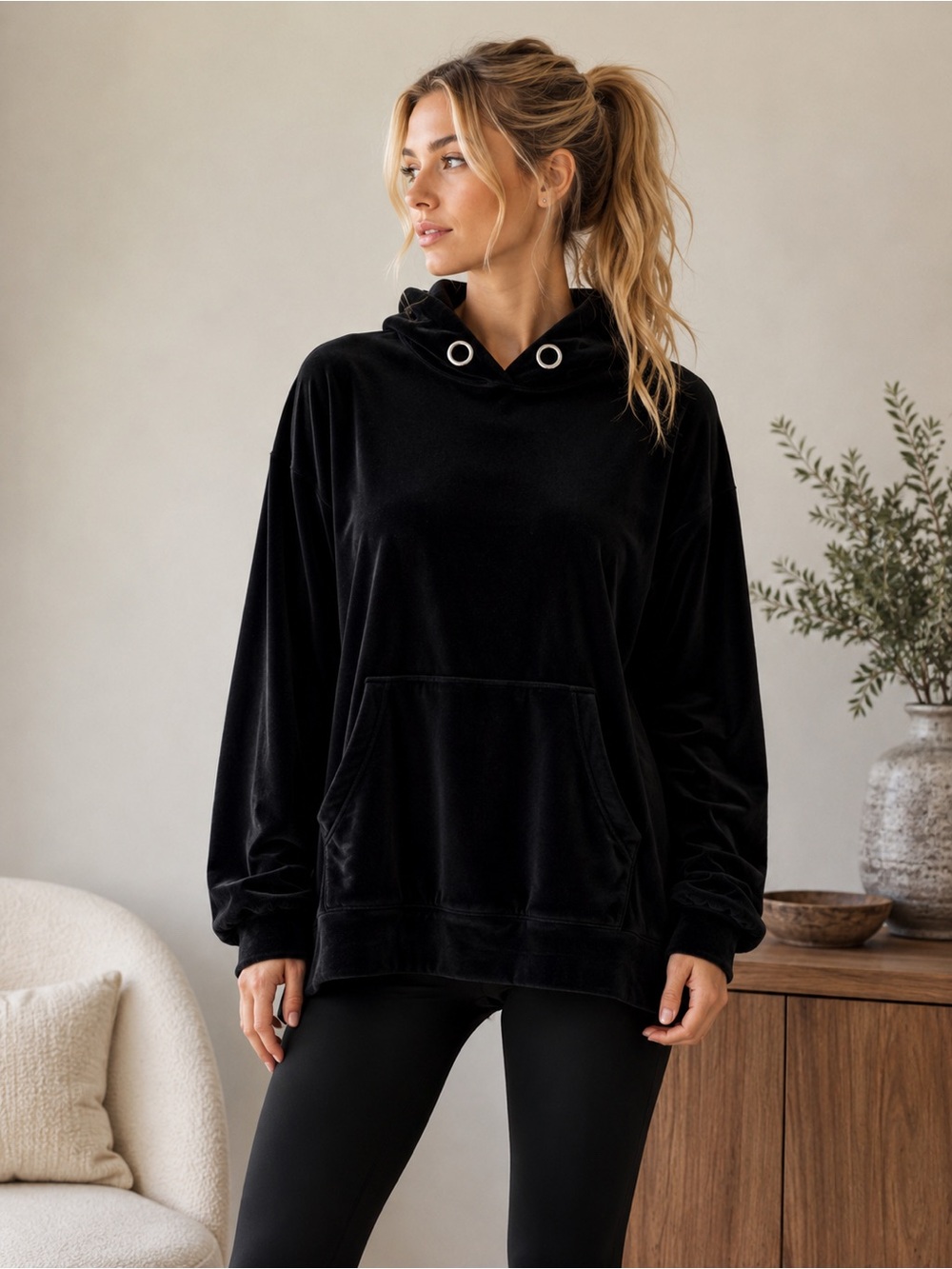 Zara Black Velvet Hoodie Sweatshirt Kangaroo Pocket